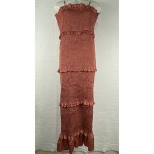 Mable Womens Size L Smocked Tiered Maxi Dress Rose Pink Ruffle MD2291I